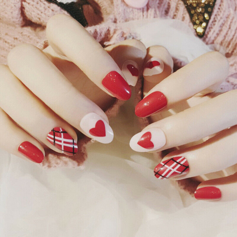 red heart acrylic nail tips short false nails art fingernails 24pcs/set JcJ.DD