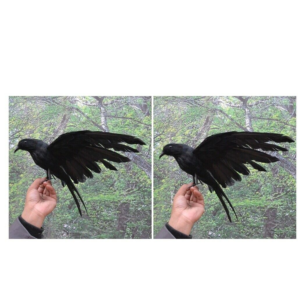 3x Realistic Crow Statue Bird Raven Black Garden Decor Artificial Feather