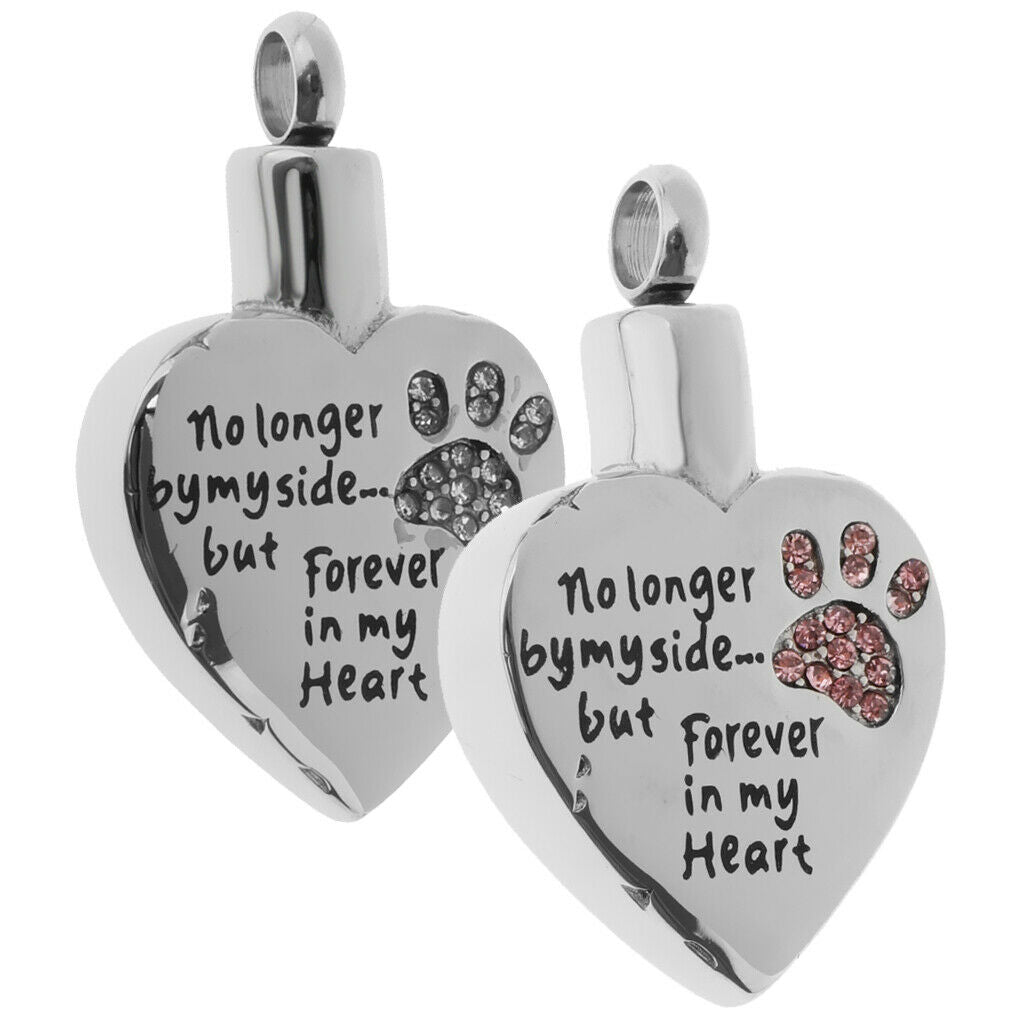 Heart with Clear Crystal Paw Print Pendant Pet Ashes Urn Memorial Jewelry