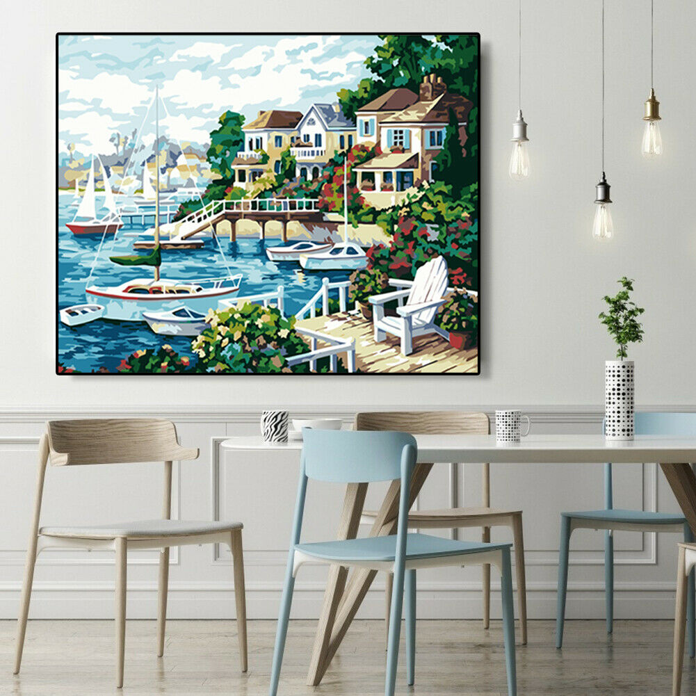DIY Painting By Number Kit Modern Sea Houses Wall Decor Canvas Coloring Art @