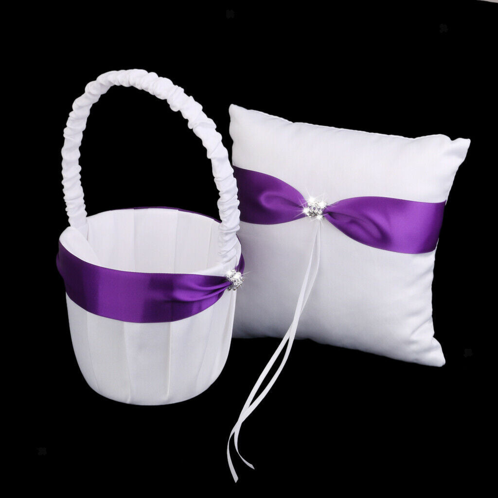 White Satin Wedding   Pillow Bearer Purple Bowknot Diamante Decor-20cm