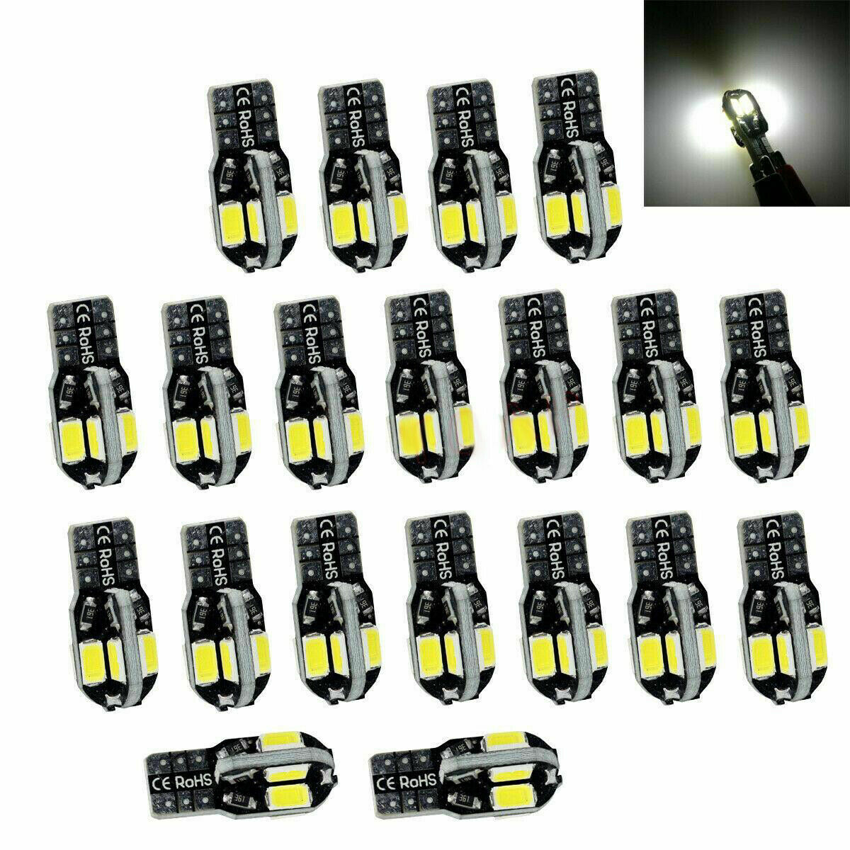 20x T10 6500K White LED Car Canbus Error Free Light Bulb Lamps 5730 168 194 W5W