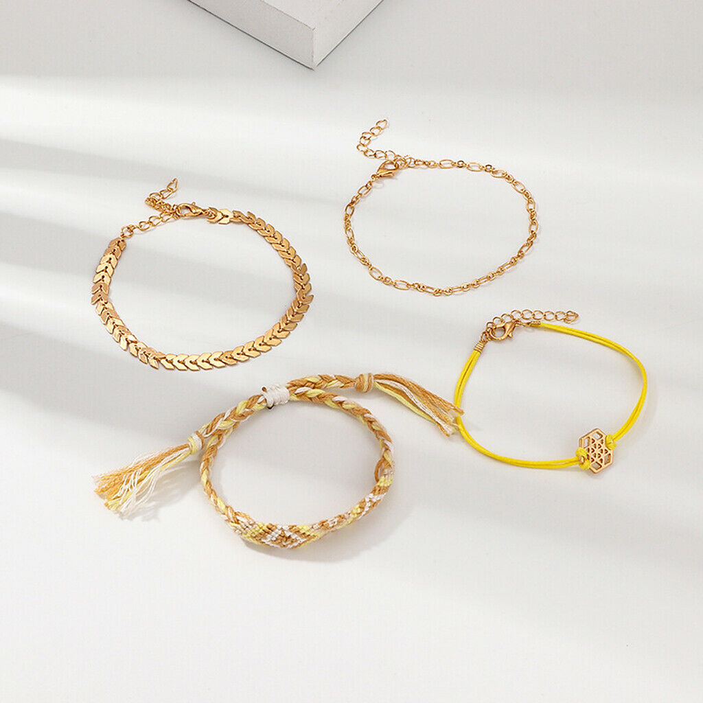 4pcs/set Multilayer Boho Beads Braided Bracelet Women Bangles Jewelry Yellow
