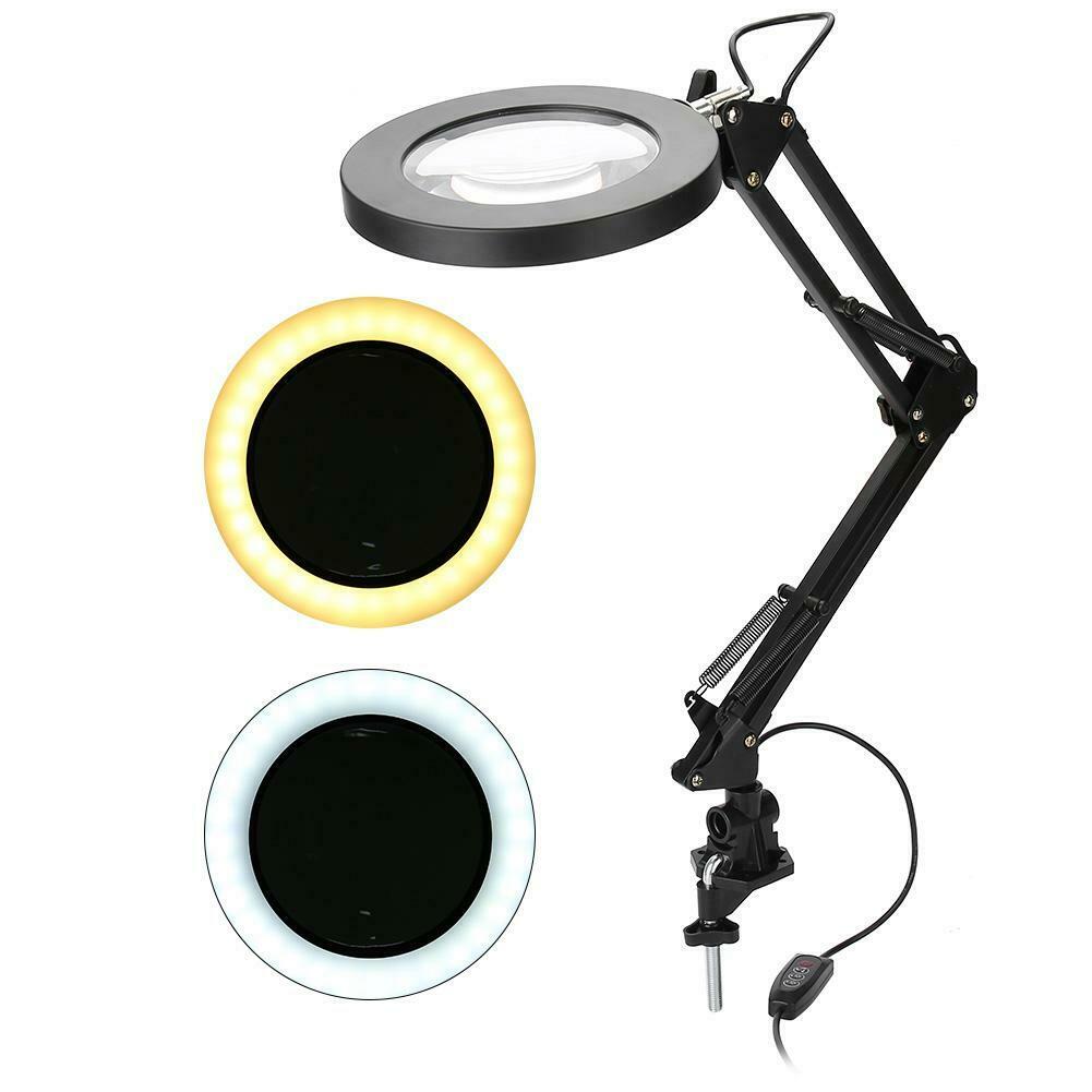 LED Light Large Lens Lighted Lamp Desk Magnifier Clamp Clip Magnifying Glass KIT