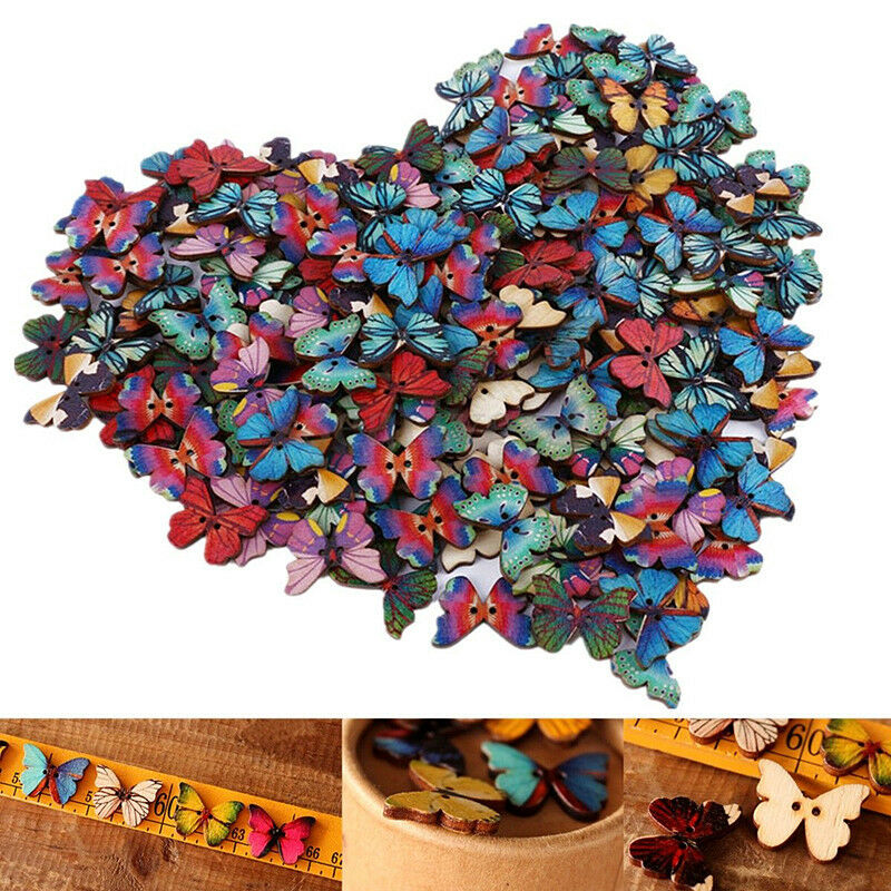 B7 50x Mixed Sewing Butterfly Phantom buttons Scrapbooking 2 Holes Bulk Wooden