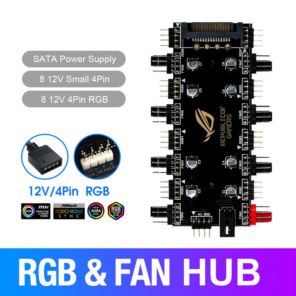 1 To 8 Multi Way Splitter RGB PWM HUB 12V/4 Pin for Fan Motherboard (SATA)