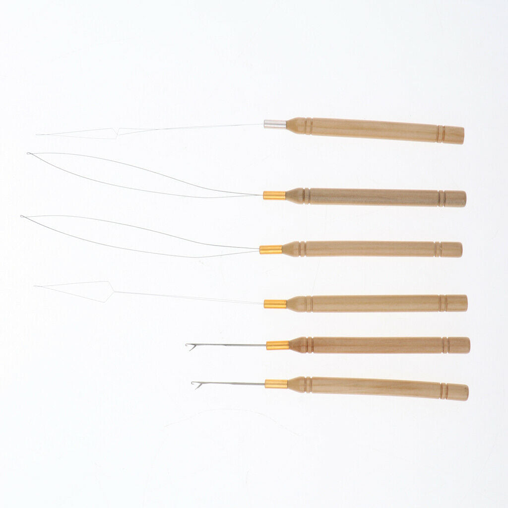 6Pcs Wooden Hair Extensions Loop Needle and Threader Hook Pulling Tools Set