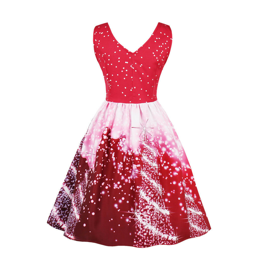 Women Christmas Party Polka Dots Snowflake V-neck Swing Dress M Red