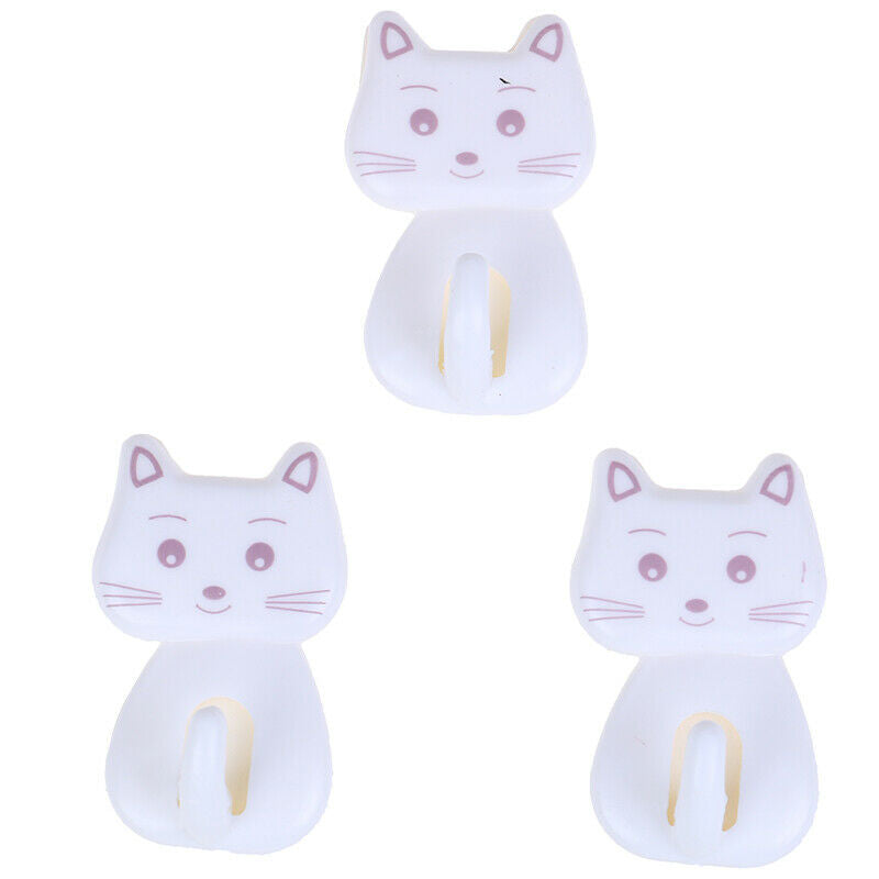 3pcs Self Adhesive Wall Decor Hooks Cute Cat Door Racks Hanger Towel Hold.l8