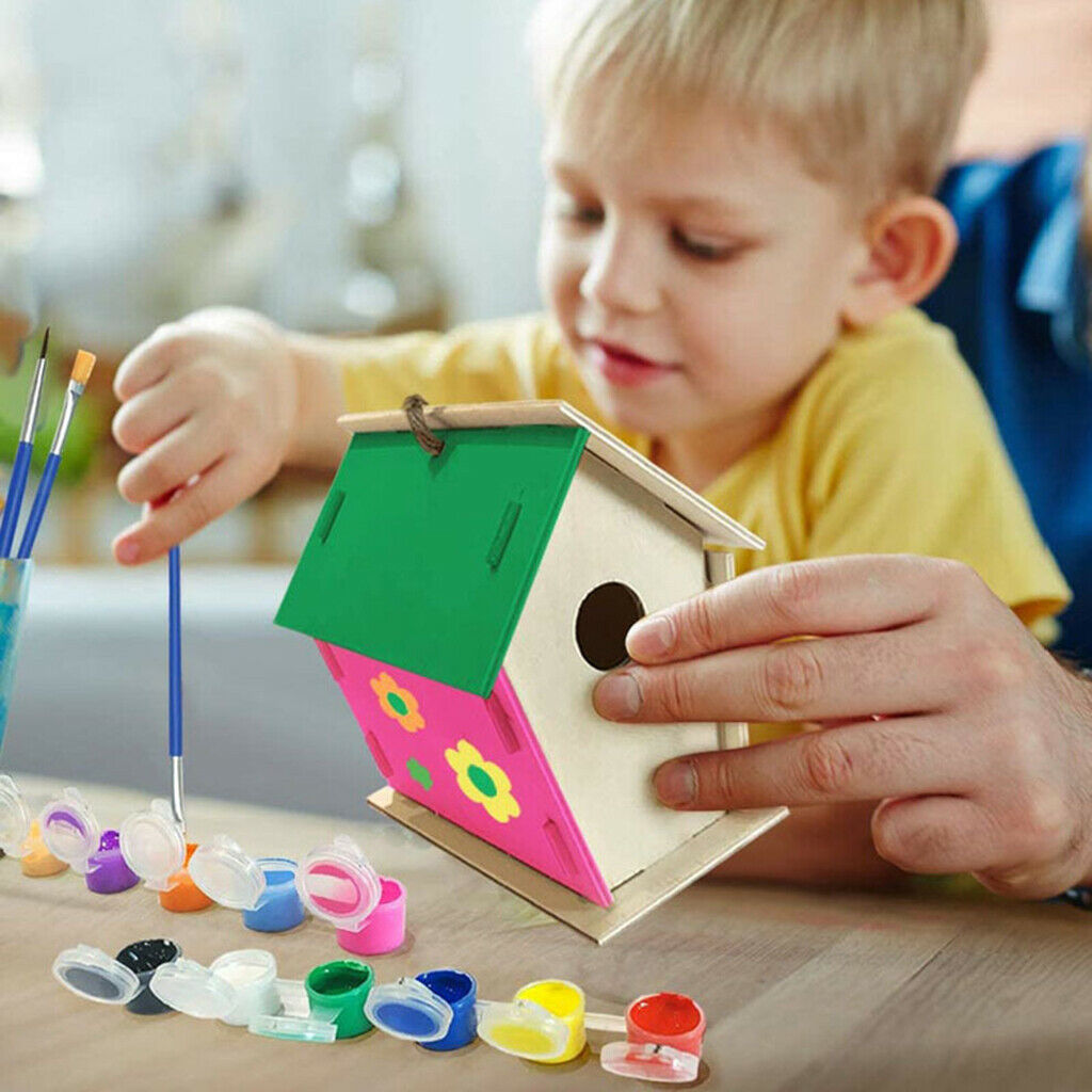 2x DIY Bird House Kit Puzzle Build Paint Hanging Wooden Birdhouse Brush Set