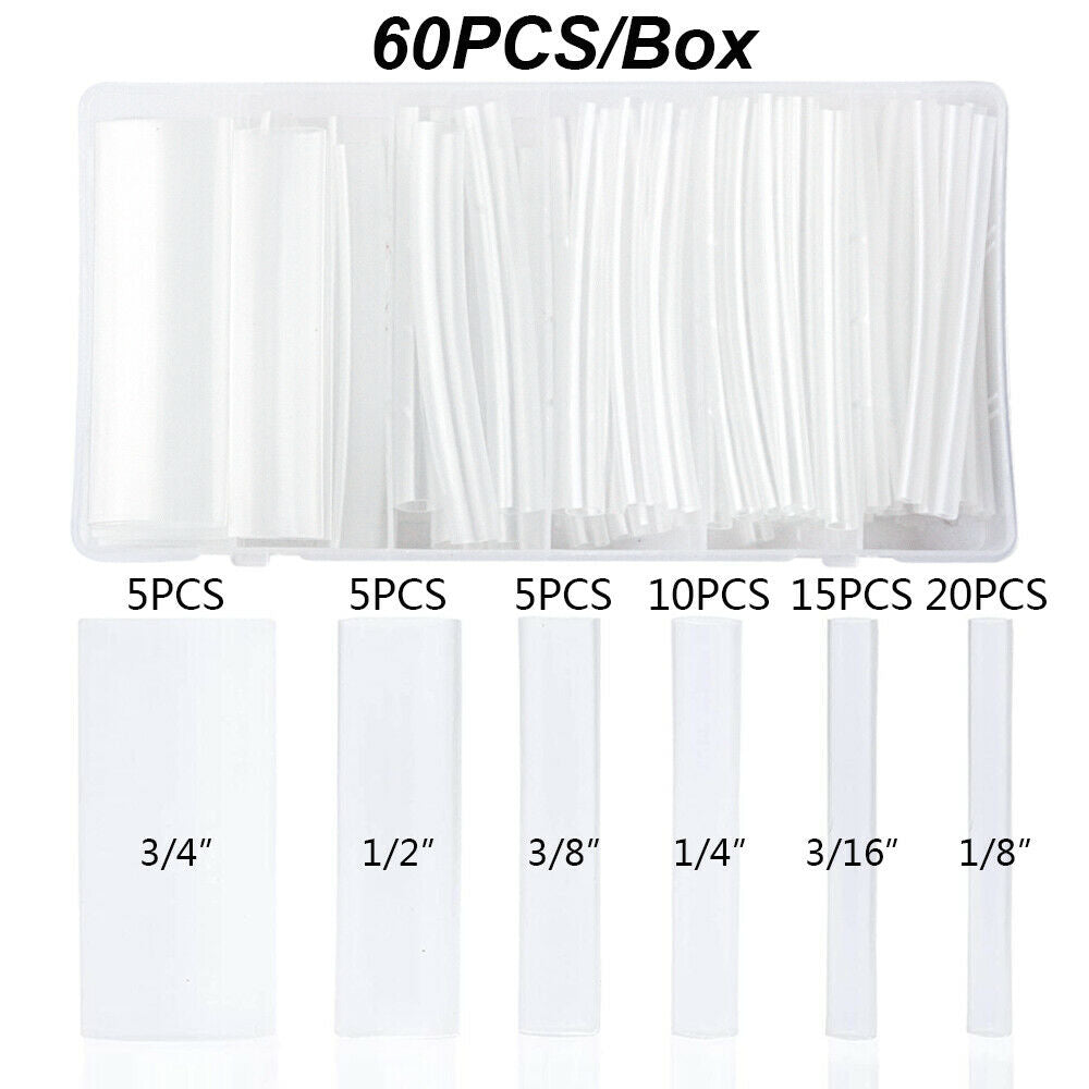 60Pcs Heat Shrink Tubing Kit  3:1 Dual Wall Marine Adhesive Lined Tube - Clear