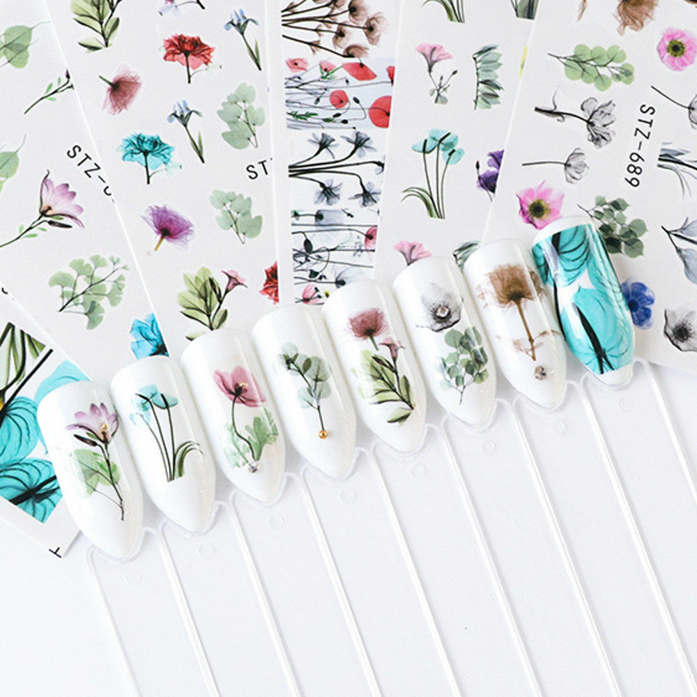 24 PCS Nail Art Stickers Watercolor Water Transfer Decals Flowers DIY Tips Lot