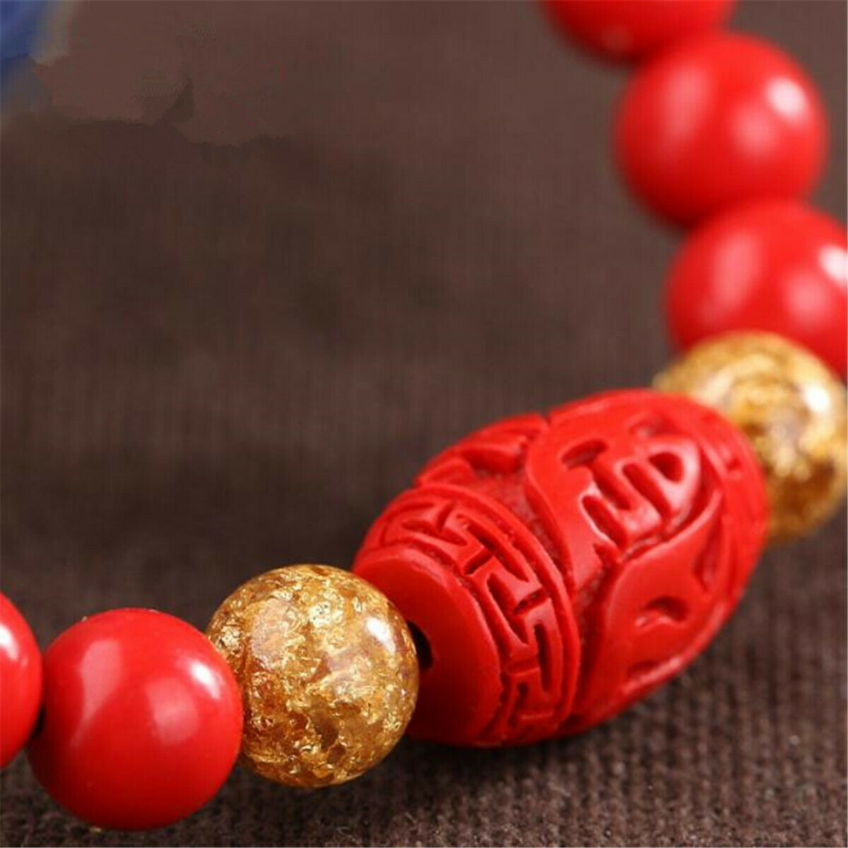 Chinese 8MM Natural Red Organic Cinnabar Elastic Bracelet Lucky Amulet