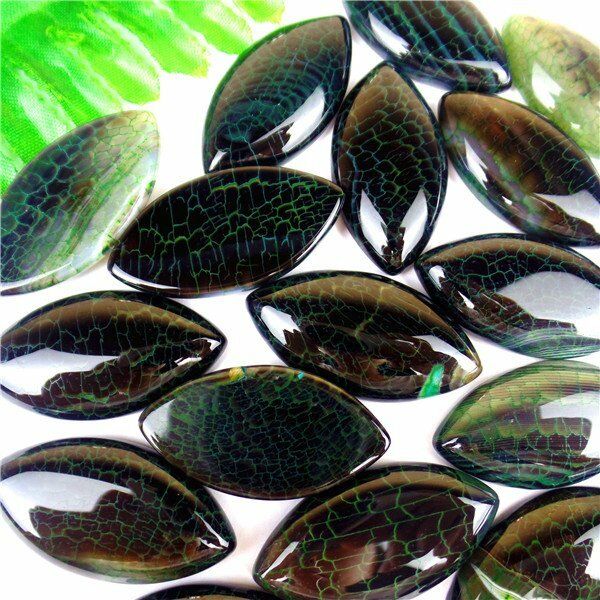 20Pcs Green&Black Fire Dragon Veins Agate Marquise Cab Cabochon 40*20*7mm HH6036