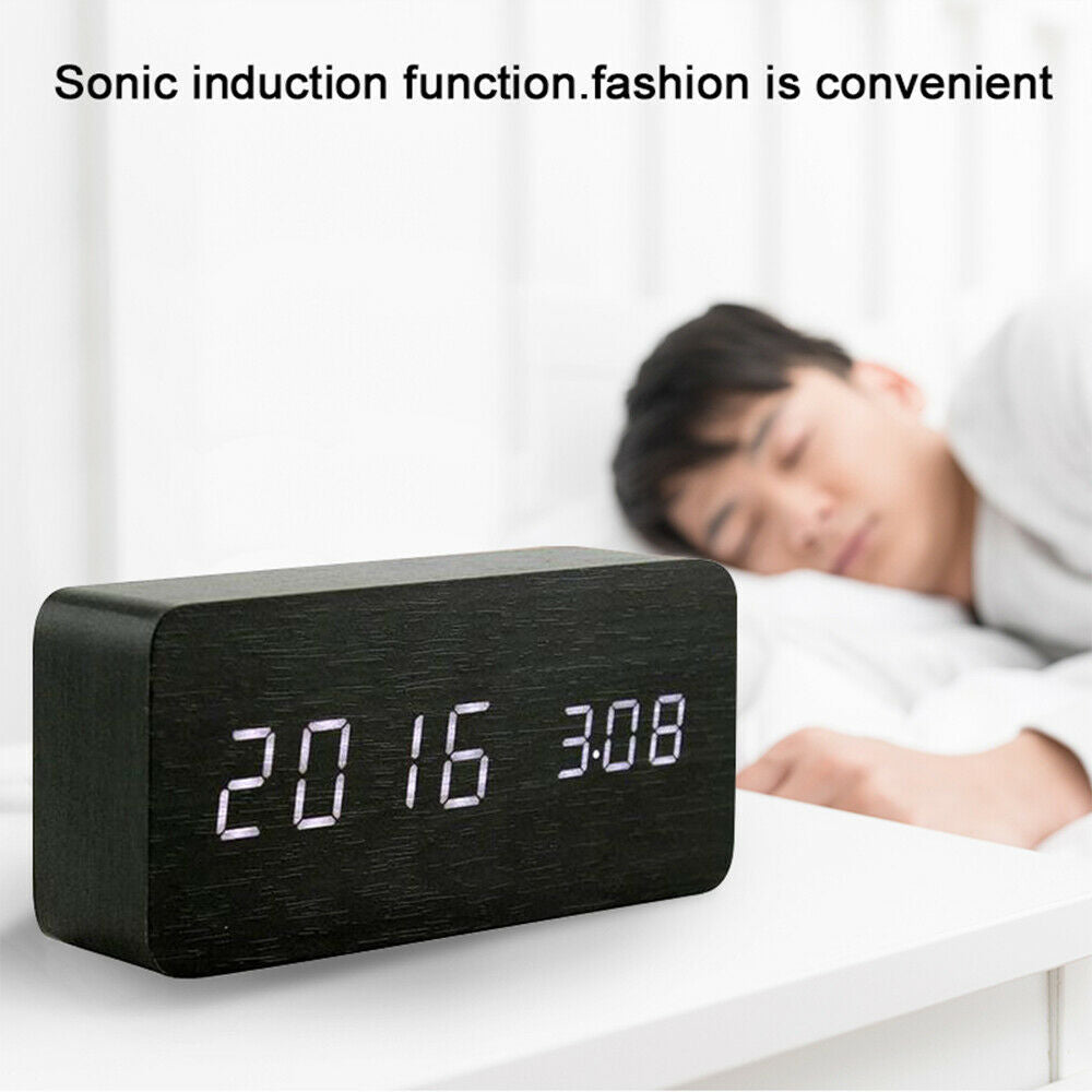 Digital LED Desk Table Alarm Clock Wooden Temperature Alarm Modern Home Decor