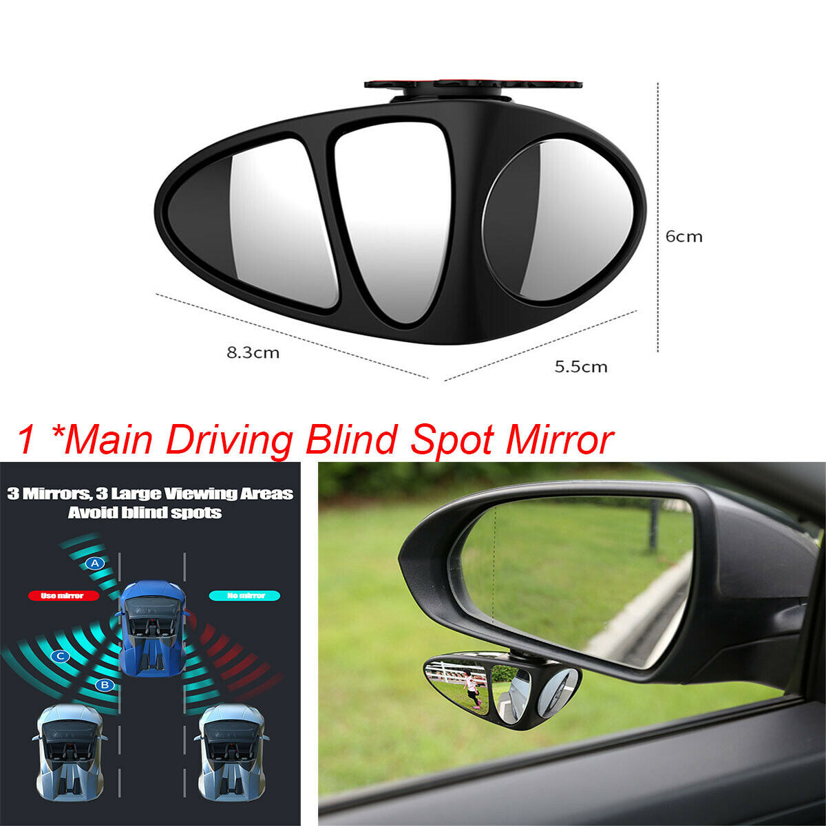 Adjustable 360° Wide-angle Car Blind Spot Rearview Mirror Three Mirror Universal