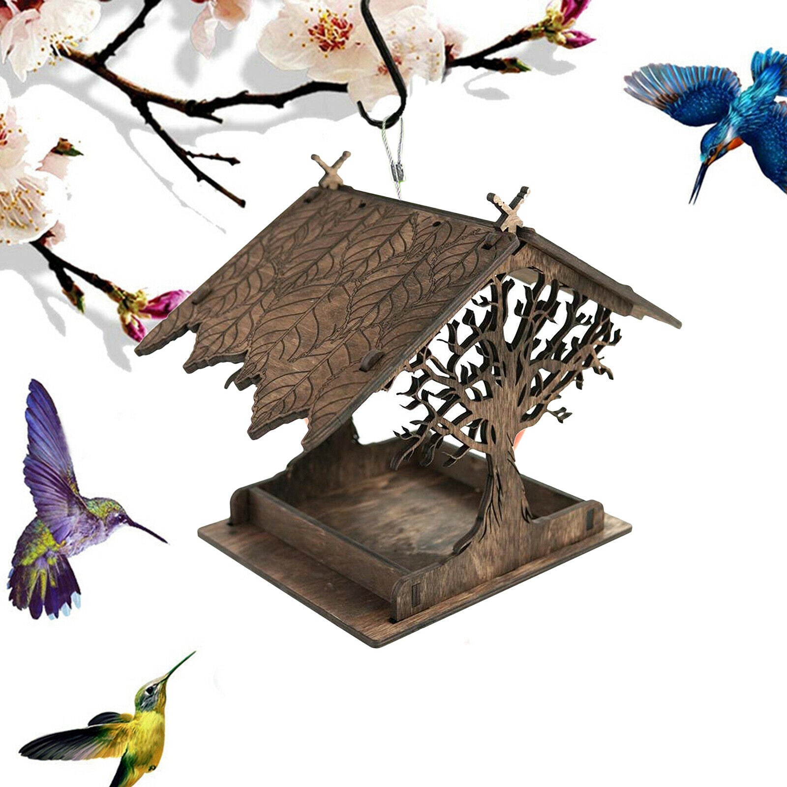 Wooden Birdhouse Bird Feeder Yard Hanging Birds Ornament Feeding Tray Decor