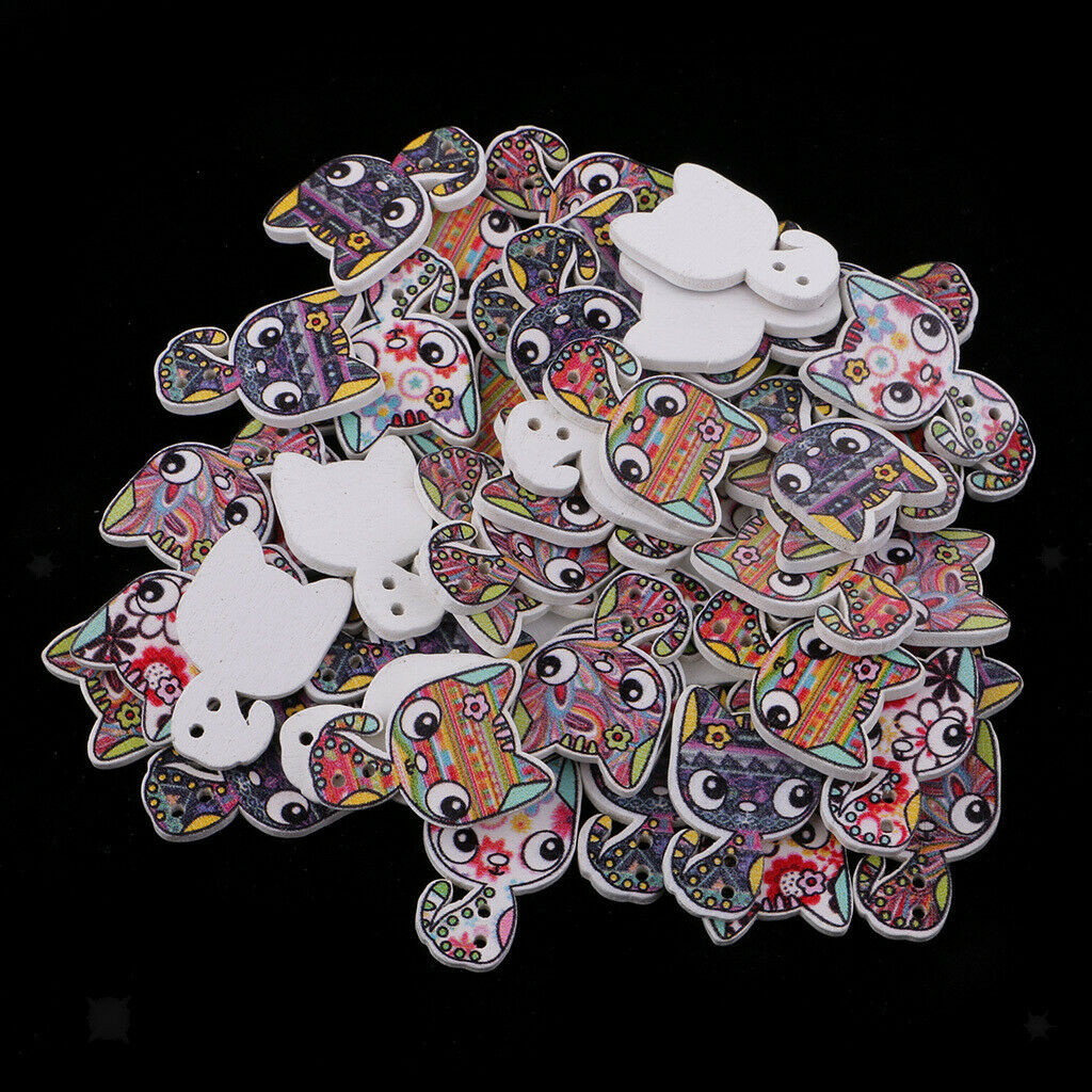 50Pcs Cartoon Animal Cat Wood Buttons Sewing Crafts Accessories 26*17mm