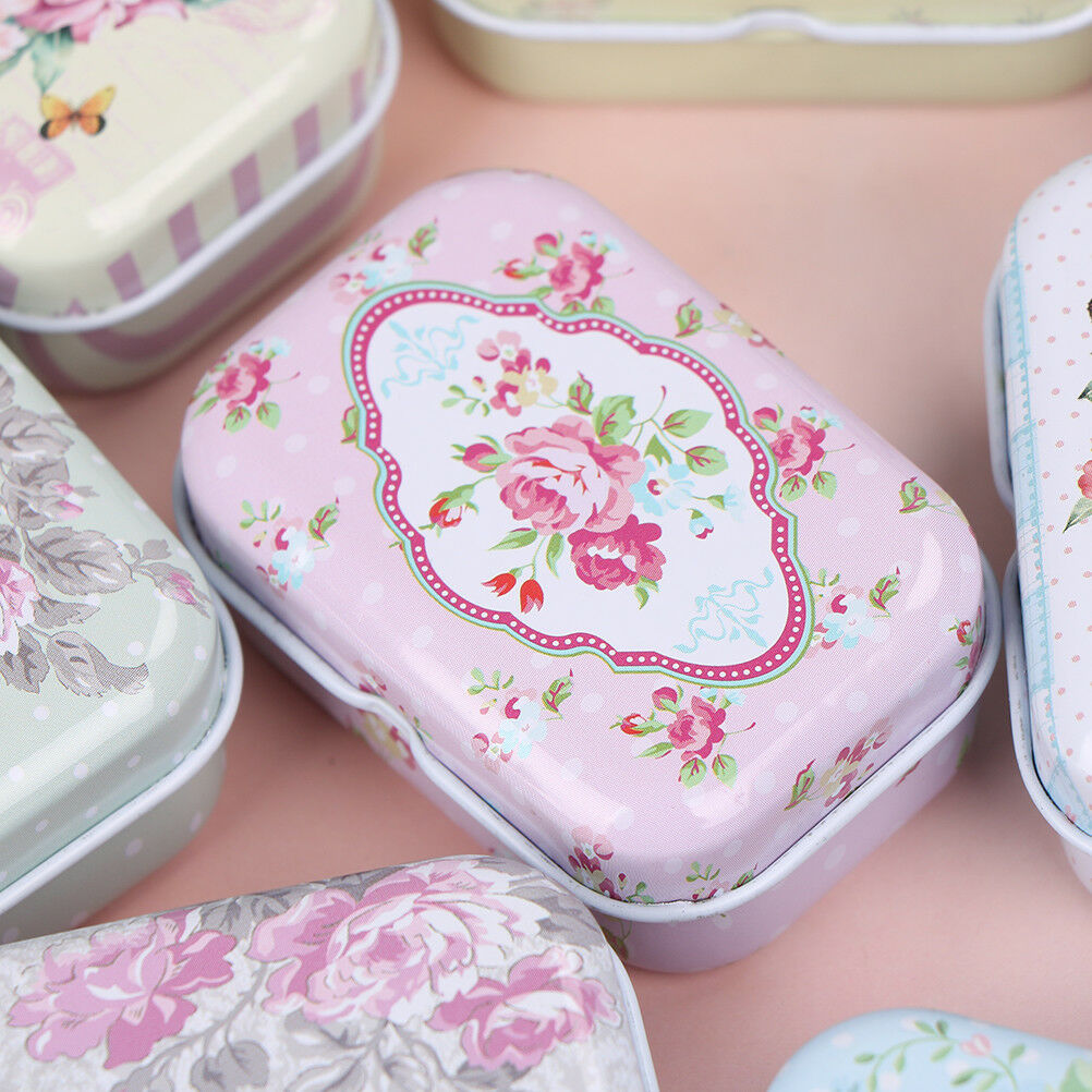 Mini flower tin trinket jewelry coin box tinplate storage case small recta.l8