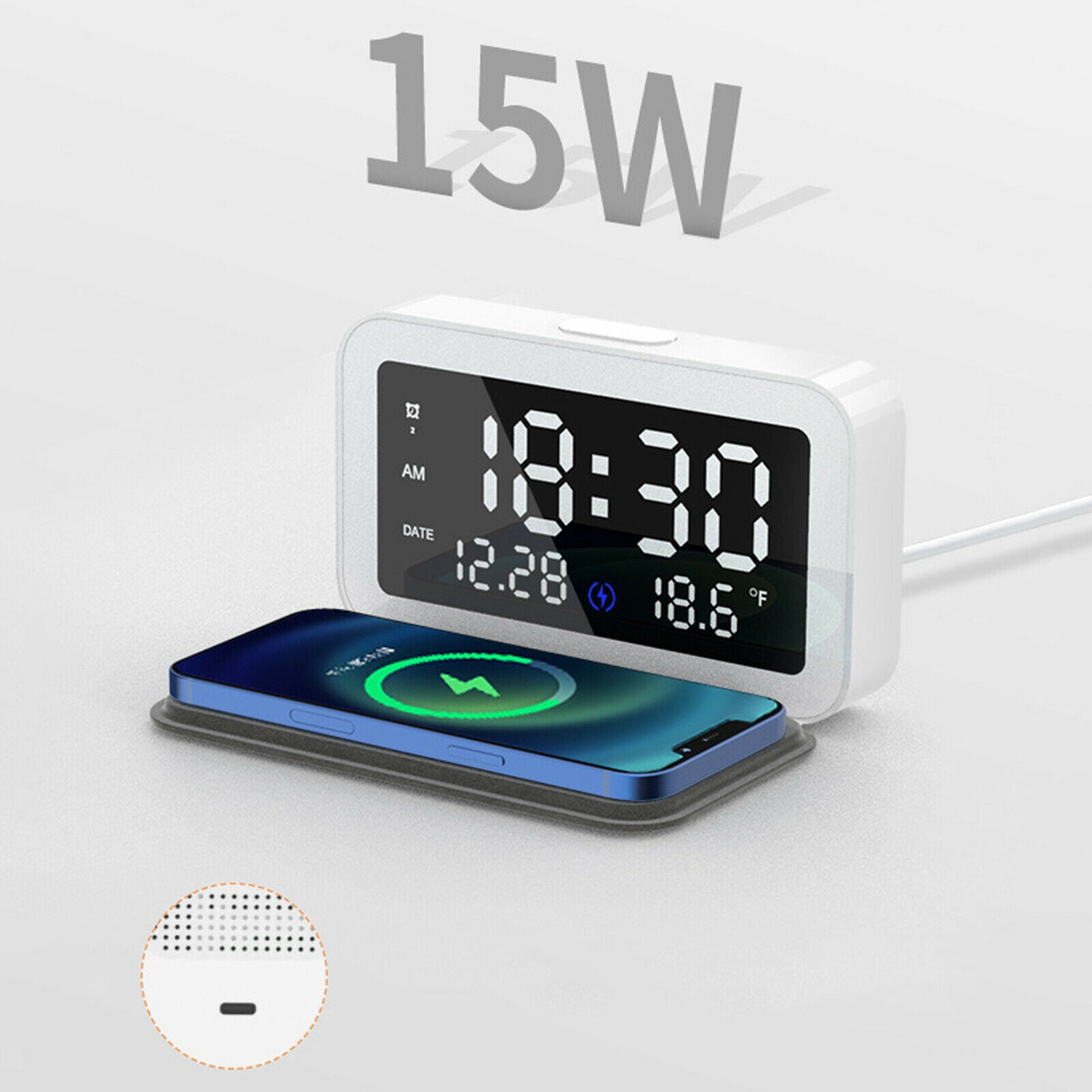Modern Digital LED Desk Alarm Clock Thermometer 15W Qi Wireless Charger