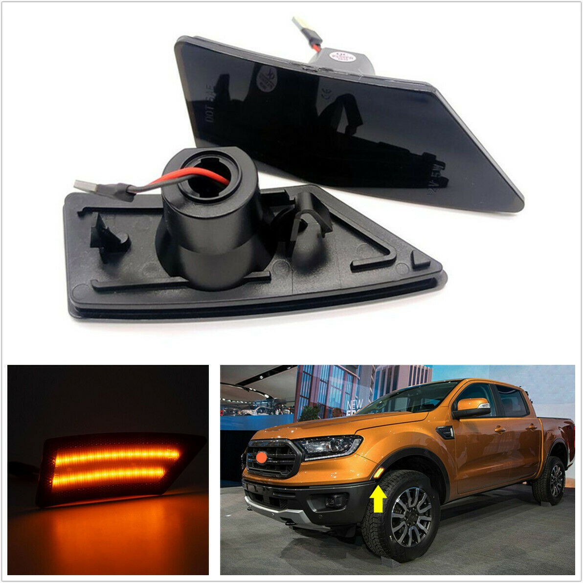 2PC Smoked Lens Amber Led Front Bumper Side Marker Light for 2019-up Ford Ranger