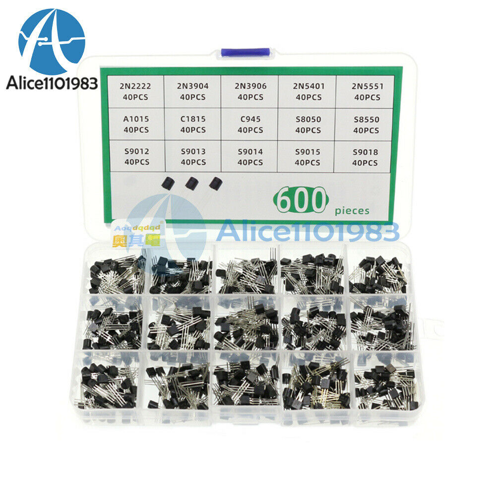 600PCS 15 Values x 40 Pcs Assorted Transistor TO-92 Assortment Box Kit