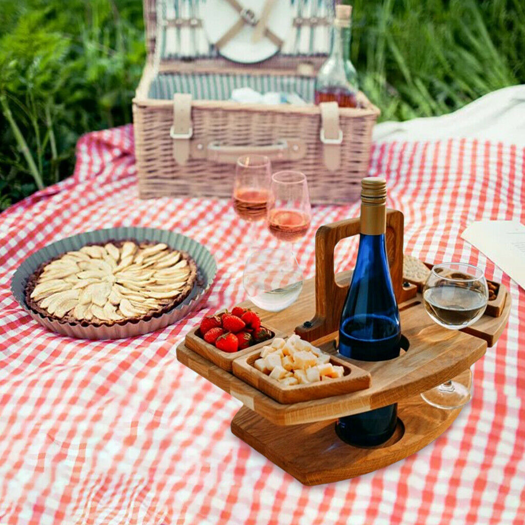 Portable Wood Picnic Desk Detachable Table Wine Glass Rack Camping Plate
