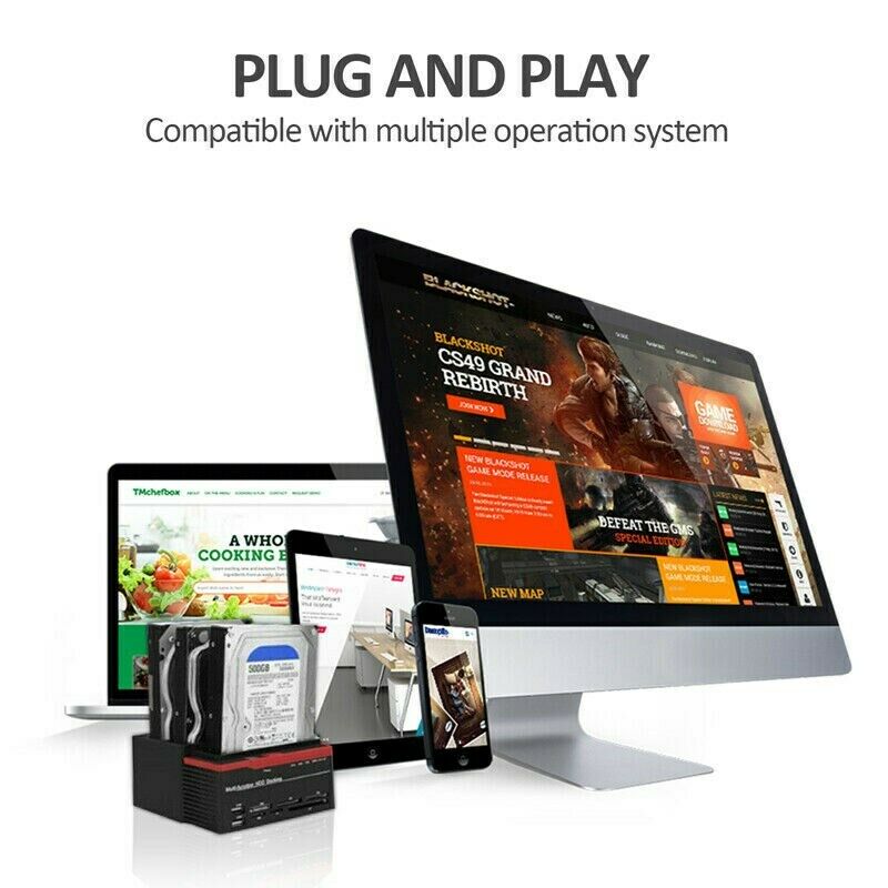 3 HDD Docking Station IDE SATA Dual USB 3.0 Clone Hard Drive Card Reader US