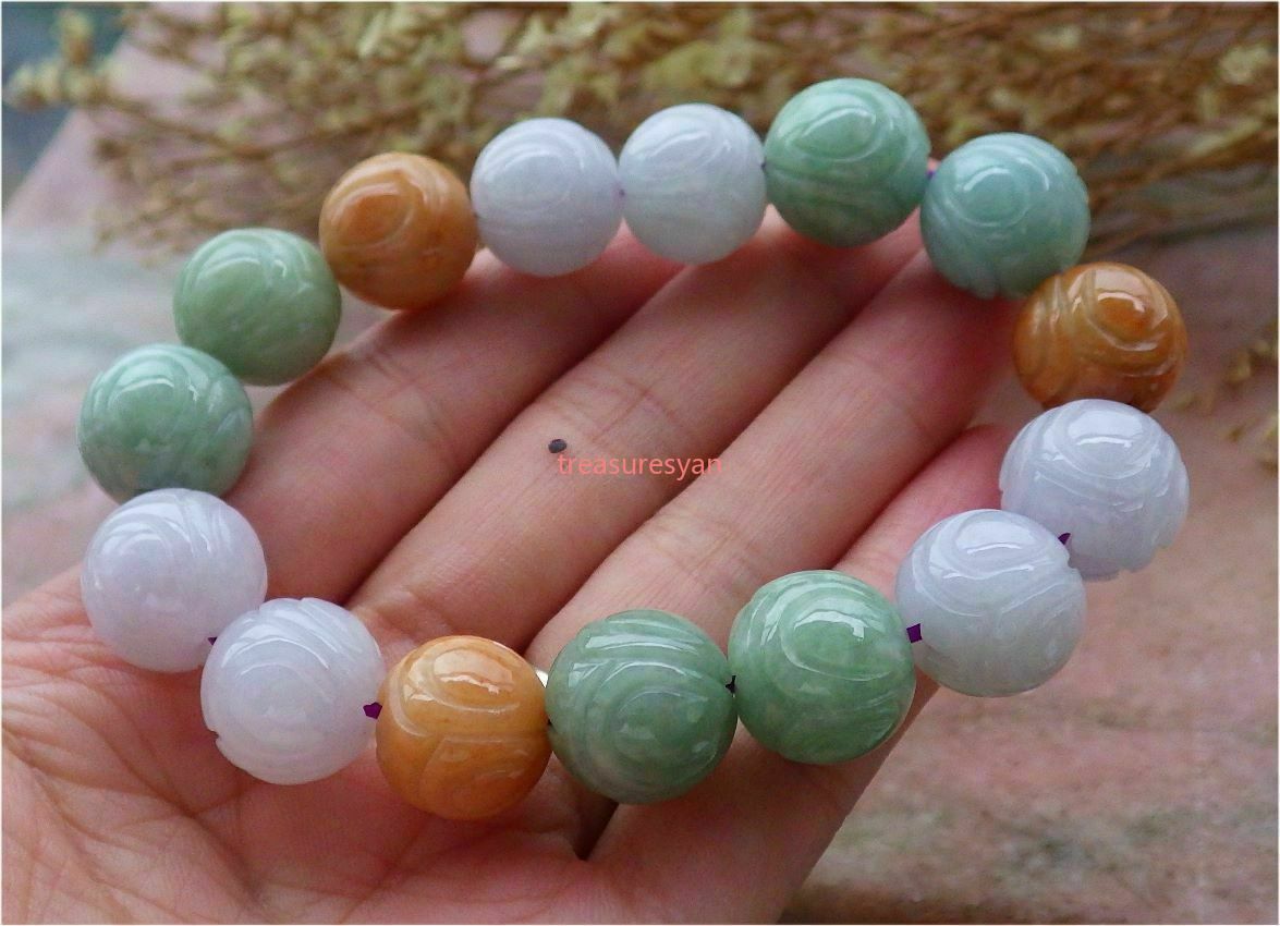 12-13mm Certified 3-color natural A jade jade lotus beaded bangle bracelet
