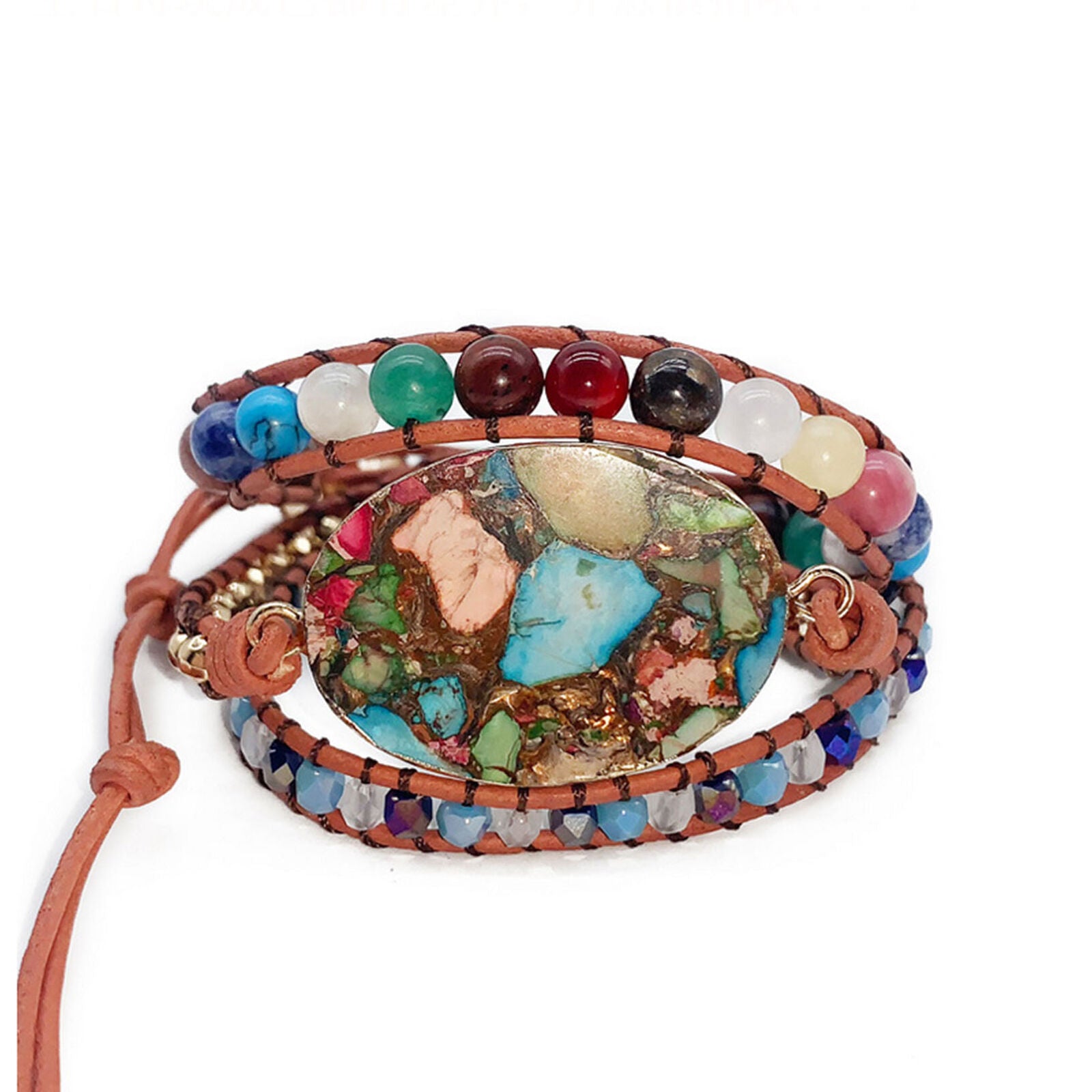 Chakra Colorful Copper Imperial Jasper Leather Wrap Boho Women Bracelet