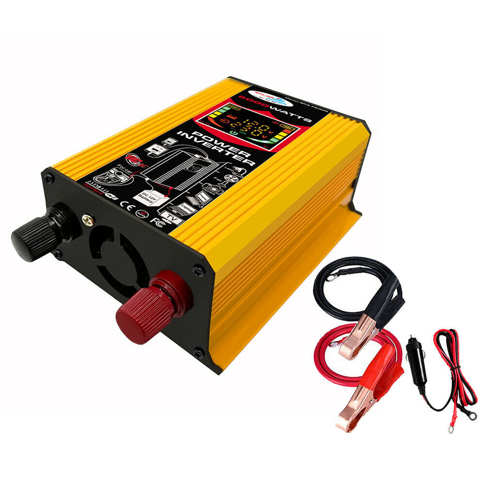 (6000W Peak) Car Power Inverter 12V to 110V Pure Sine Wave Converter Yellow