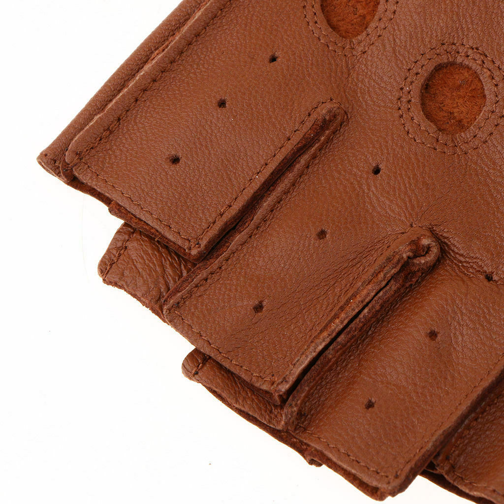 Retro PU Leather Men Fingerless Driving - Brown Button, L