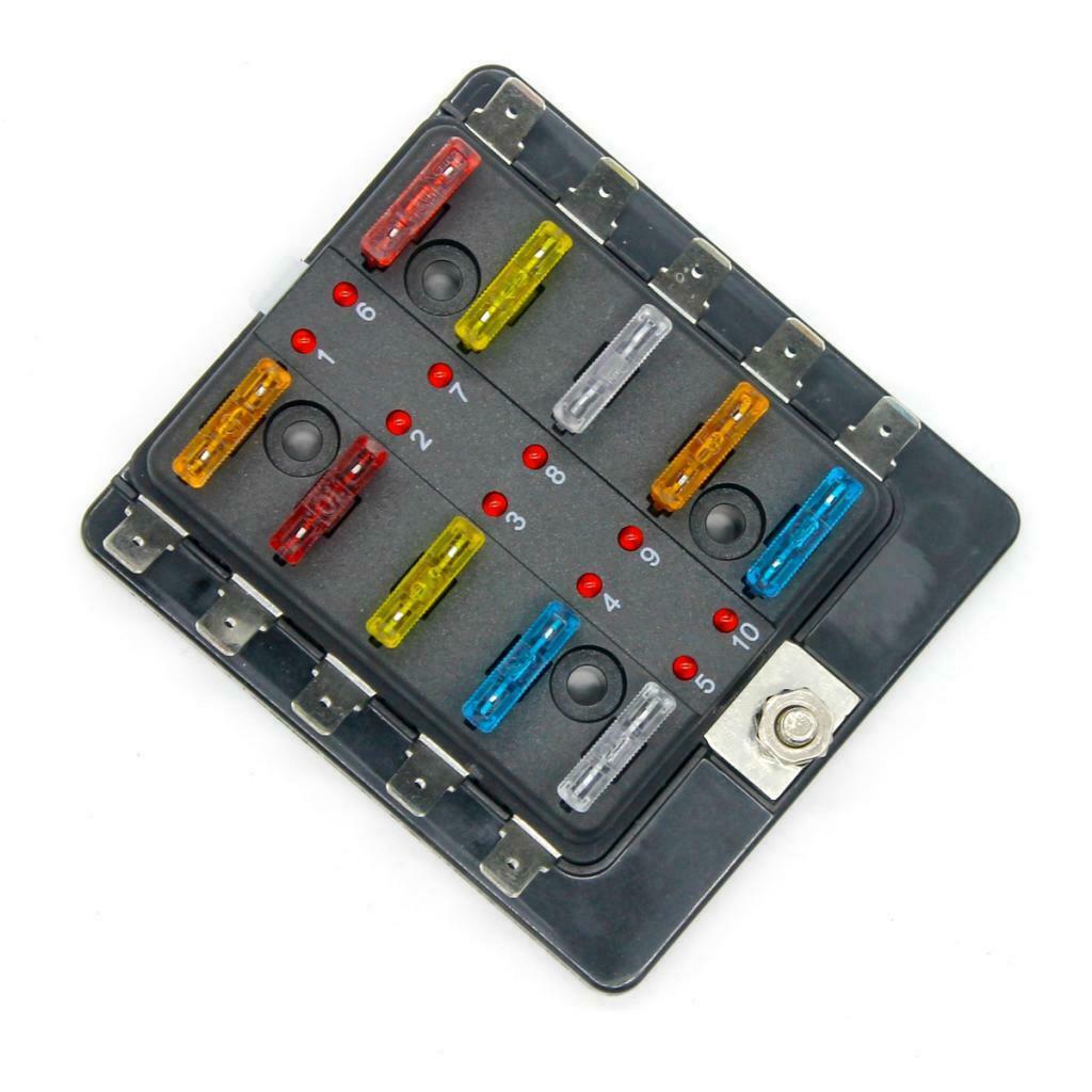 10 Way Universal Car Truck Boat Blade Fuse Box Holder Block w/ LED Indicator