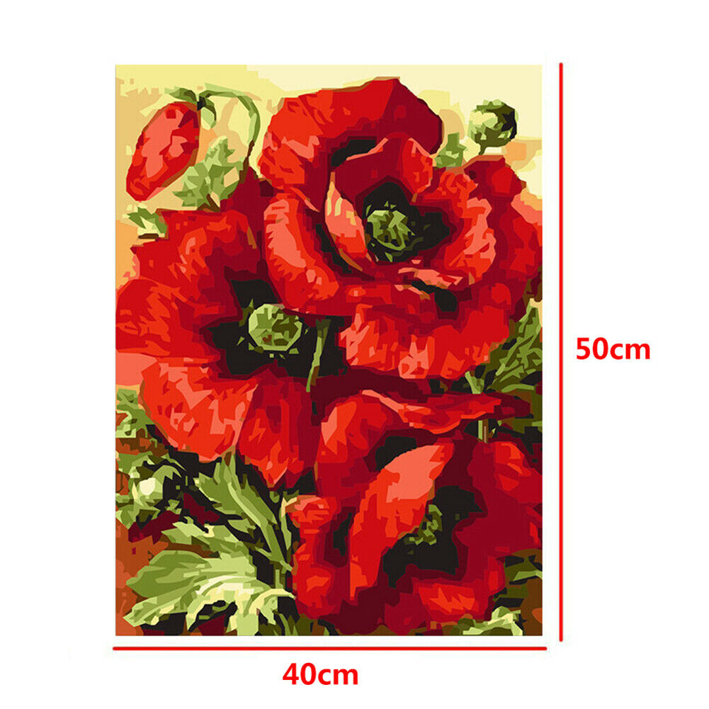 Frameless Digital Oil Painting Kit Red Flower For Decor Painting Learning