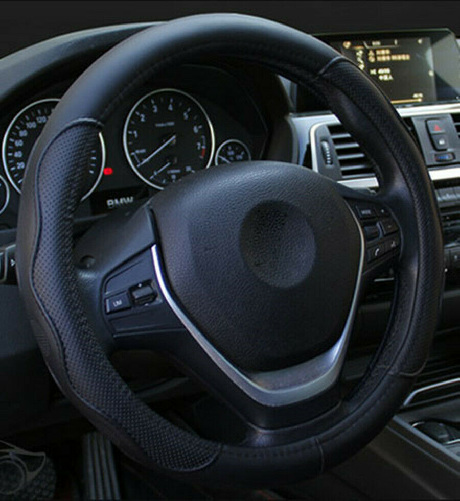 Black PU Leather Embossed Car Steering Wheel Cover Four Season Protector 37-38cm