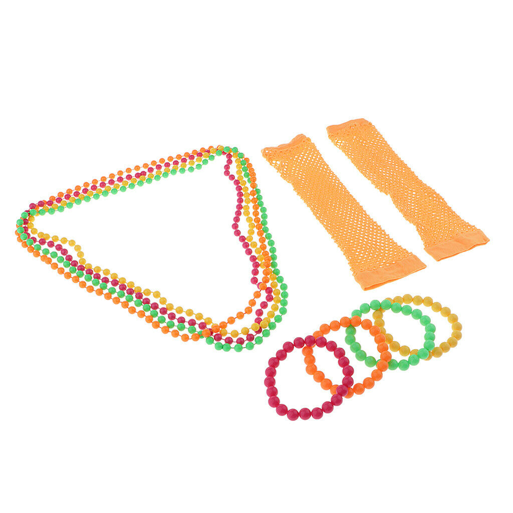 Set of 27 Womens 60s 70s 80s Punk Party Beads Necklace Bracelet Gloves Prop