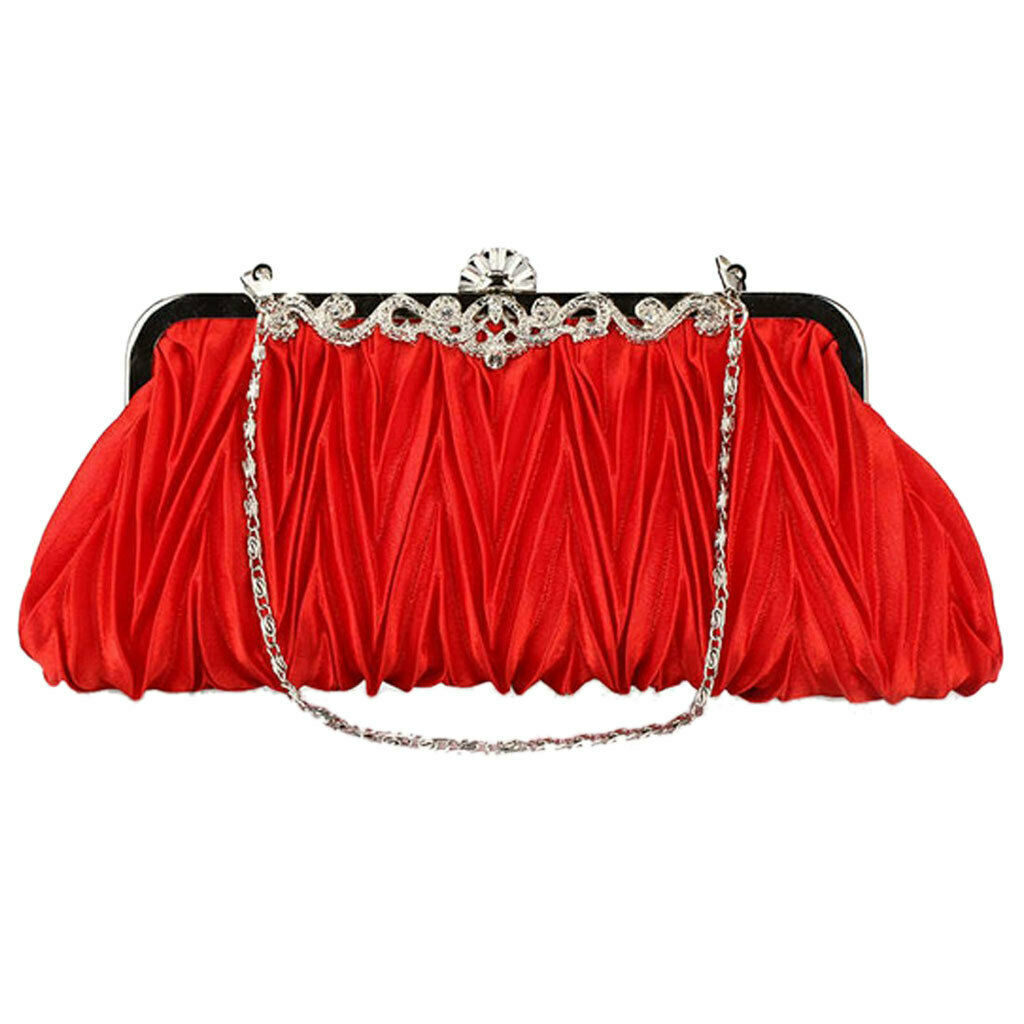 Satin Evening Handbag Shoulder Chain Bag Crystal Wedding Clutch Red