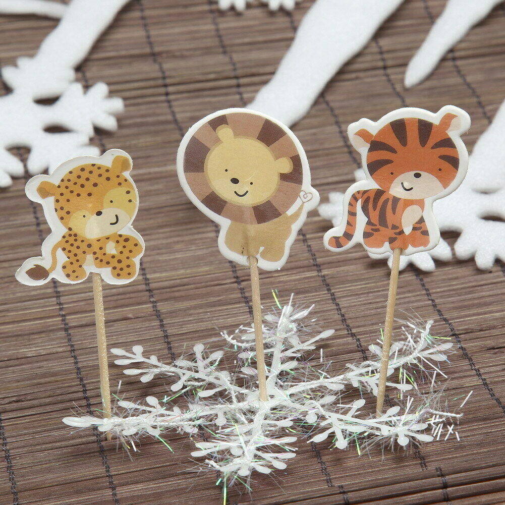 24pcs Cake Dessert Inserted Card with Zoo Animal Elephant Lion Pattern @
