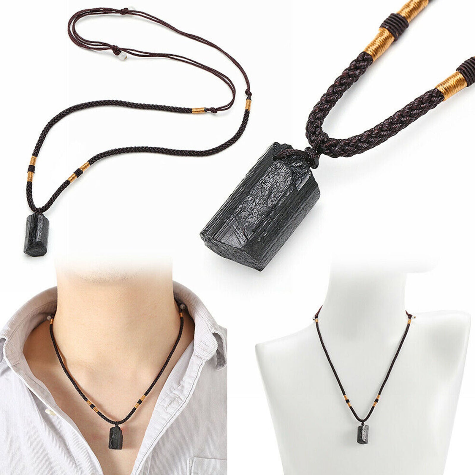 Women Men Black Tourmaline Stone Pendant Crystal Gem Specimen Necklace
