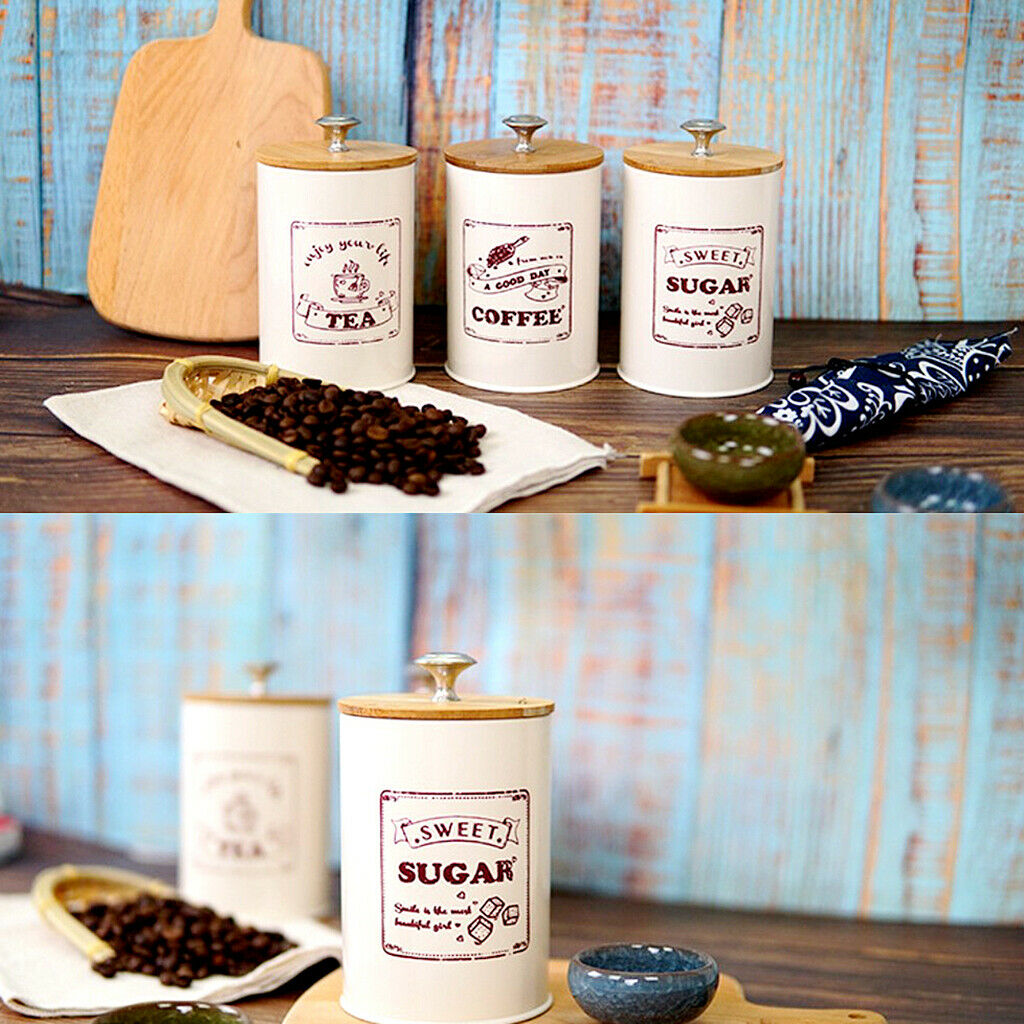 Set of 3 Retro Tea Coffee Sugar Canisters Storage Jar Tins Metal with Lid
