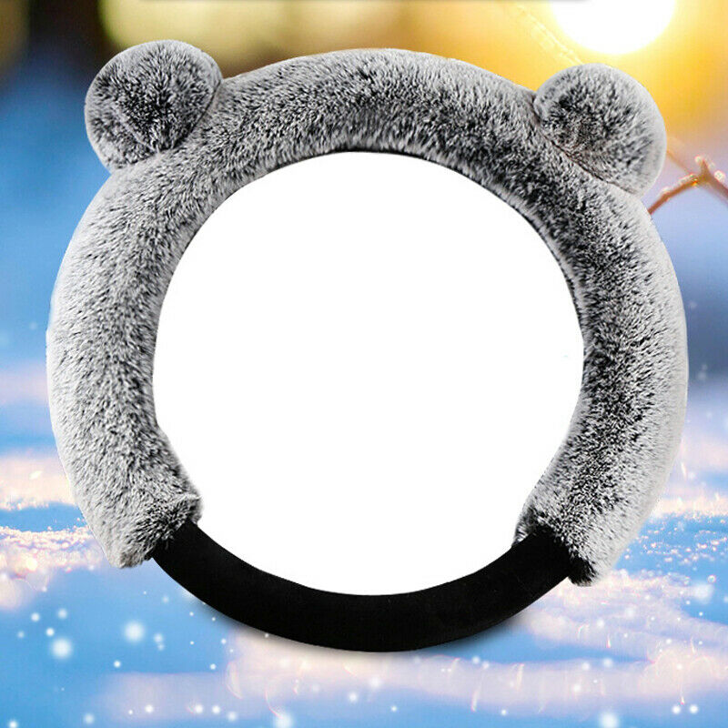 3Pcs/Set Fur Wool Furry Fluffy Thick Car Steering Wheel Cover Gray  Winter 38cm