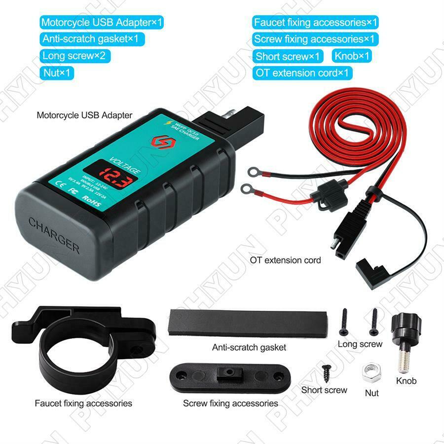 Motorcycle Scooter Dual USB Fast Charger w/ Voltmeter Power Switch SAE Socket