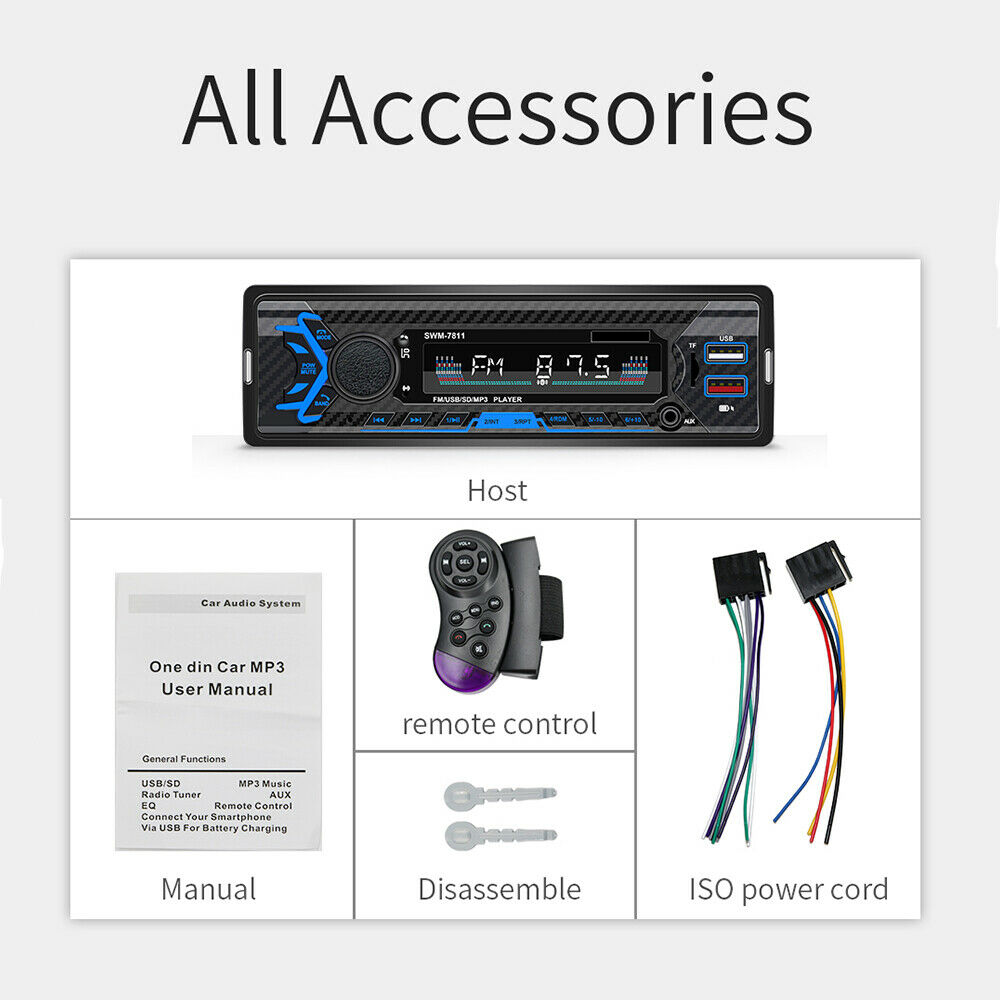 12V Car 1Din MP3/FM/USB/TF Player Stereo Radio Input Bluetooth Remote Kit