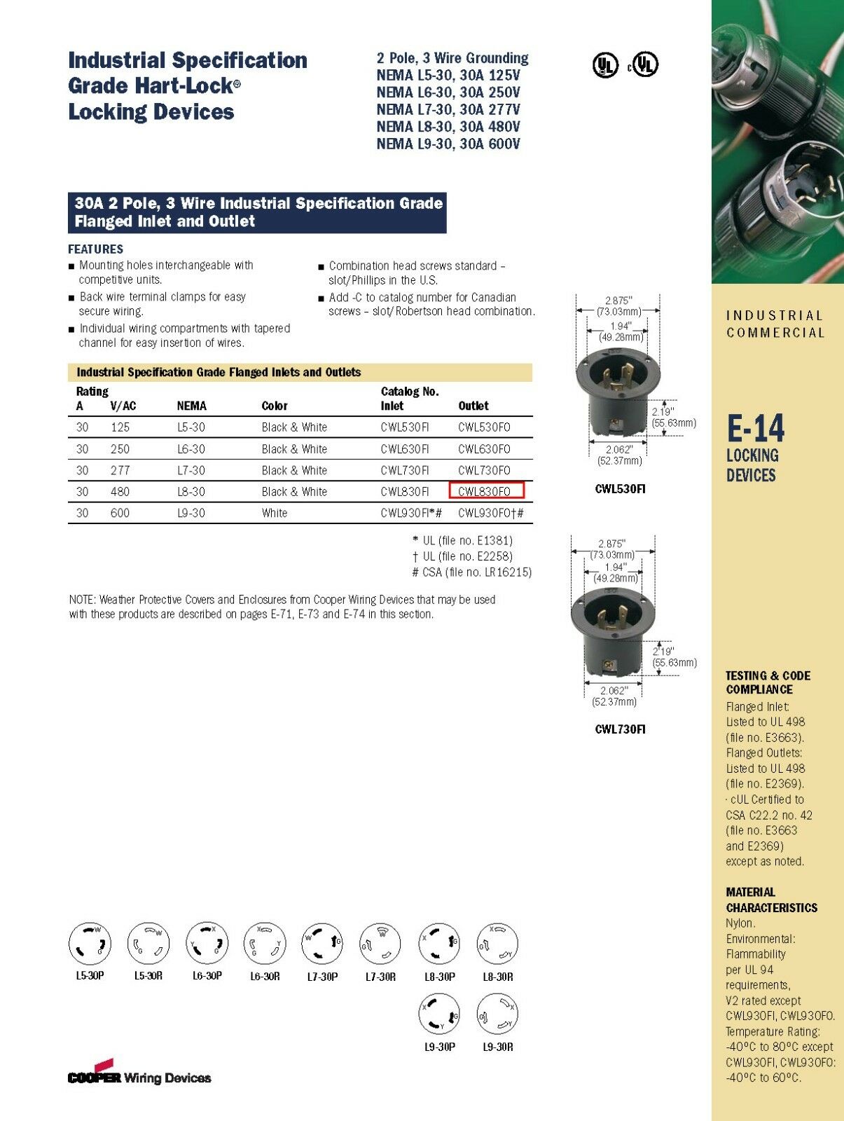 1pcs-COOPER CWL830FO NEMA L8-30 30A 480V 2P3W Locking Outlet - Flanged