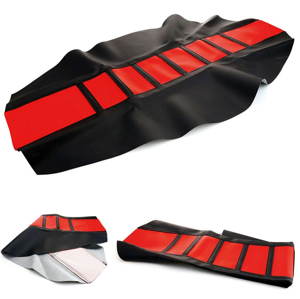 1PC Motorcycle Scooter Black Ribs Red Top Stretchy Rubber Seat Cover Protector