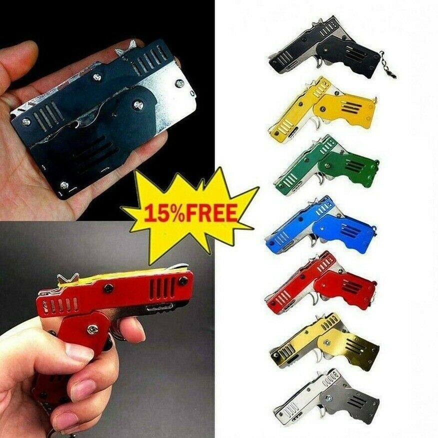 50+ HOT Rubber Band Gun Mini Metal Folding 6-Shot with Keychain and Rubber Band