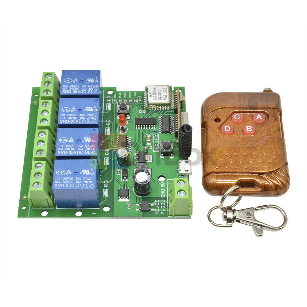 433MHz Smart DIY Wireless Remote Control Switch DC 5-32V 4CH 4 Relay Receiver