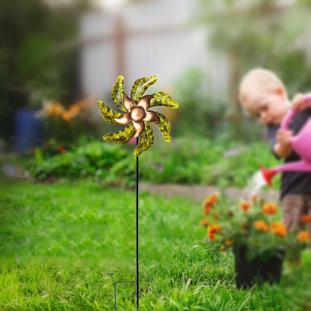 Iron Sun Flower Windmill Garden Wind Spinner with Ground Stake Lawn Yard
