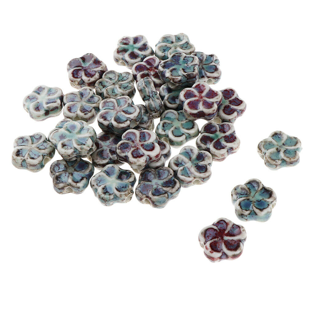 Prettyia 30Pcs Flat Flower Ceramic Spacer Loose Beads Porcelain Charms