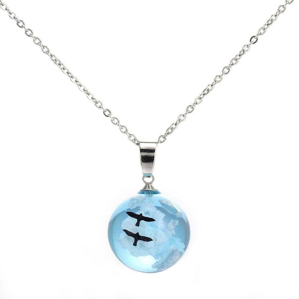Charm White Clouds Blue Sky Birds Glass Ball Pendant Necklace Terrarium 2.8cm